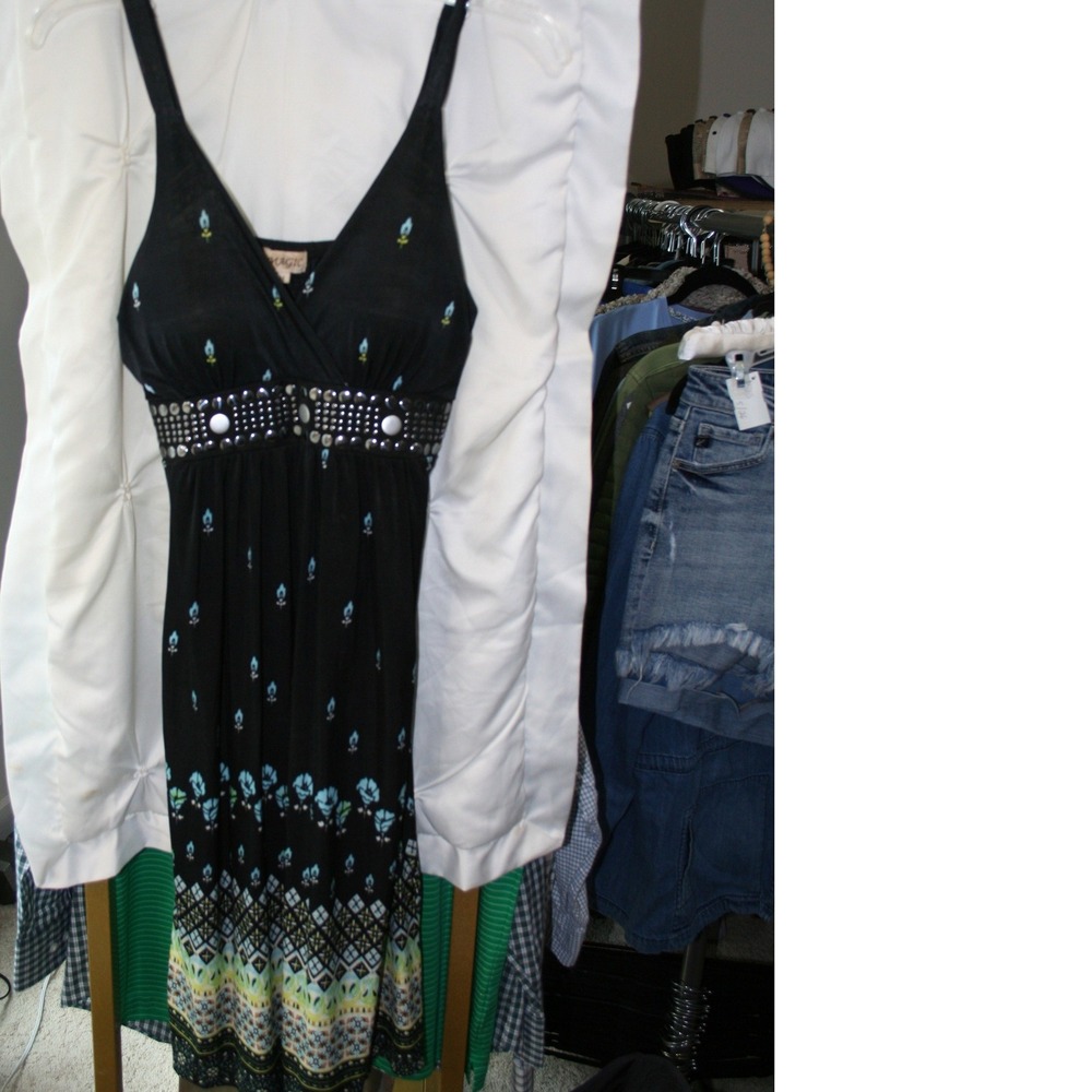 Magic Black Floral Border Print Studded Empire Waist Midi Dress Womens Medium